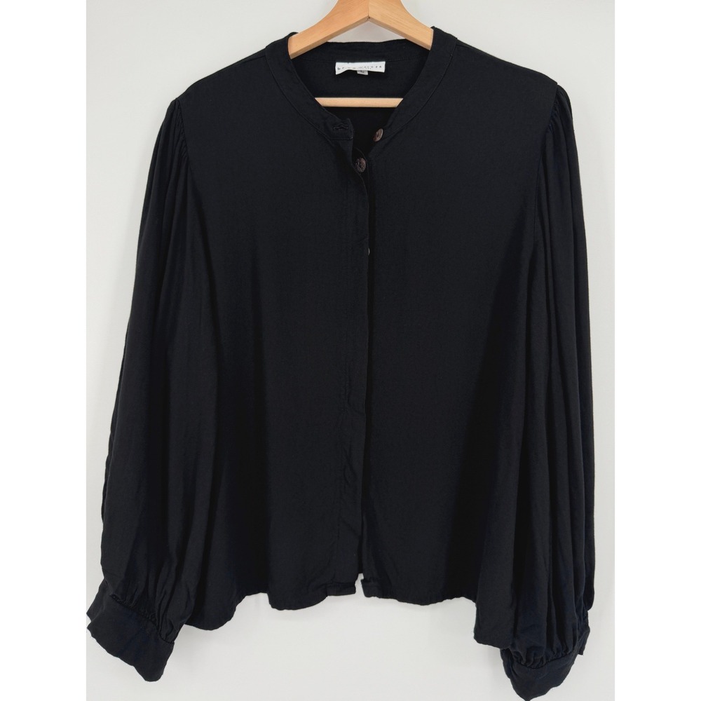Bryn Walker Black Rayon Hidden Button Long Sleeve Top Blouse Coastal Minimalist